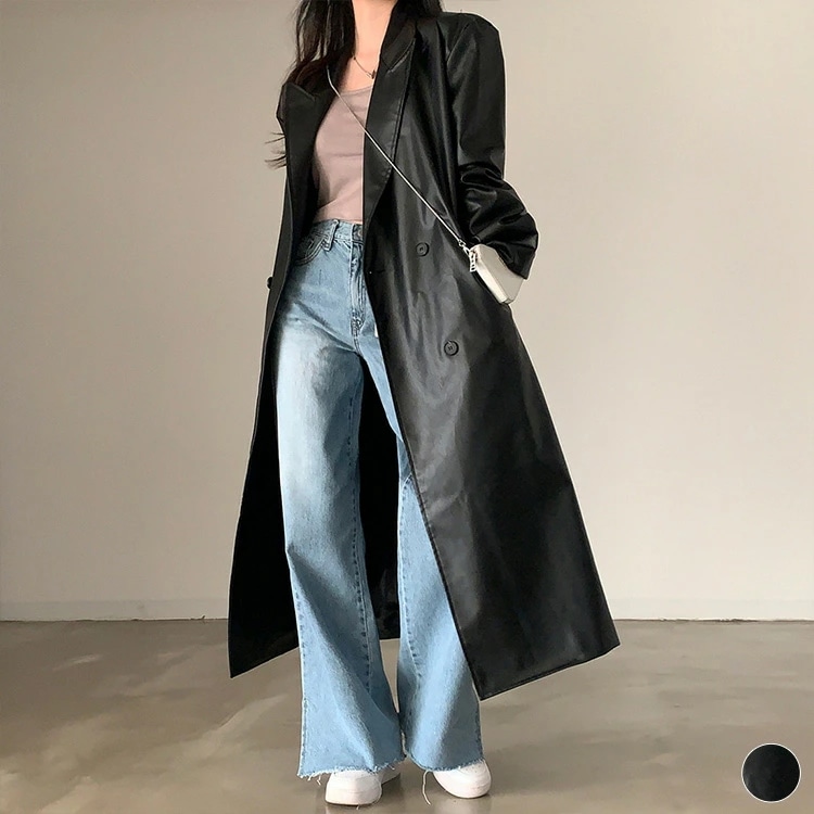 コート レディース ロング レザー 韓国 レザーコート ロングコート ロング丈 黒 ブラック ダブル テーラード カジュアル おしゃれ 大人 秋 冬