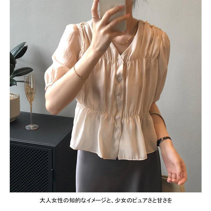 ブラウス 半袖 レディース ギャザーブラウス Vネック レトロ 半袖ブラウス 通勤 40代 サマーブラウス 5分丈袖 30代 20代