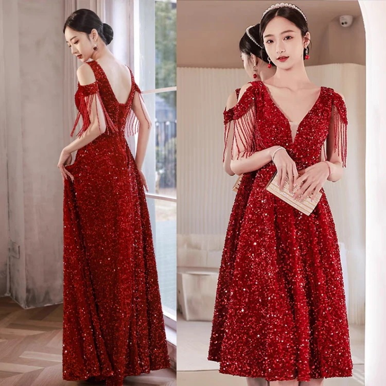 パーティードレス ウエディングドレス レッド ノースリーブ 二次会 結婚式ドレス Vネック 安い 花嫁 フォトウエディング ビーチフォト 前撮り 後撮り 披露宴 激安