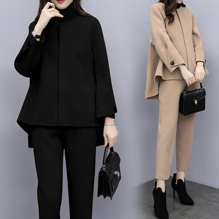 【急速出荷】セットアップ レディース 秋冬 韓国風 きれいめ マント 長袖 不規則 無地 上下セット 2点セット ラシャセット カジュアルセット 大人 上品 通勤 オシャレ 2色