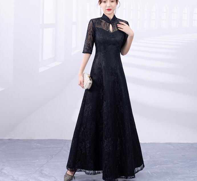 ワンピース　結婚式　パーティードレス　黒　発表会　二次会　披露宴　ロングドレス　袖あり　上品　着瘦せ