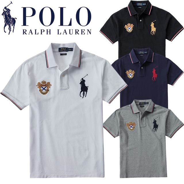 本物保証 メンズ コットン鹿の子編み ビッグ ポニー & エンブレム ししゅう 襟ライン 半袖ポロ