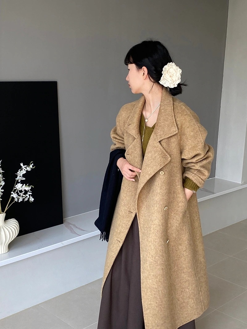 シープウール・ラペル・ハイロングヘア・ダブルフェイス・ツイードジャケット レディースコートトレンチコート