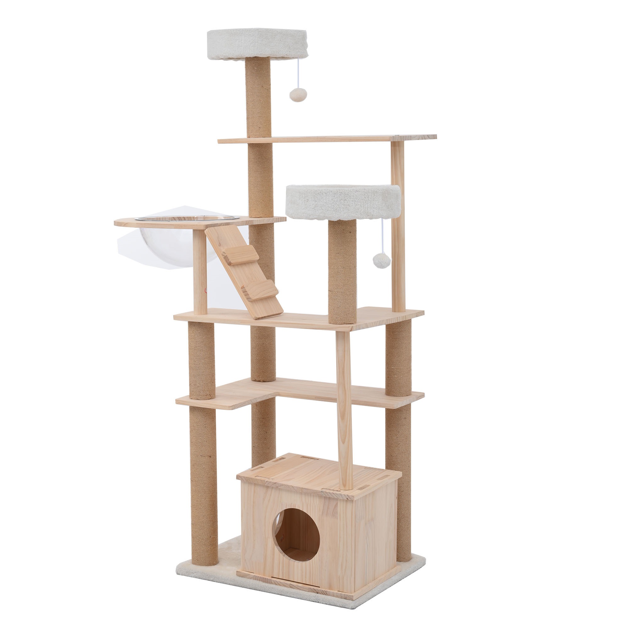 【安心保証付き】キャットタワー 猫タワー 天然木製 宇宙船付き 麻紐支柱 爪とぎ おもちゃ付き 安定感抜群 ペットハウス 上りやすい クリアボウル 省スペース 多頭飼い 角丸 据え置き型 ペット用品