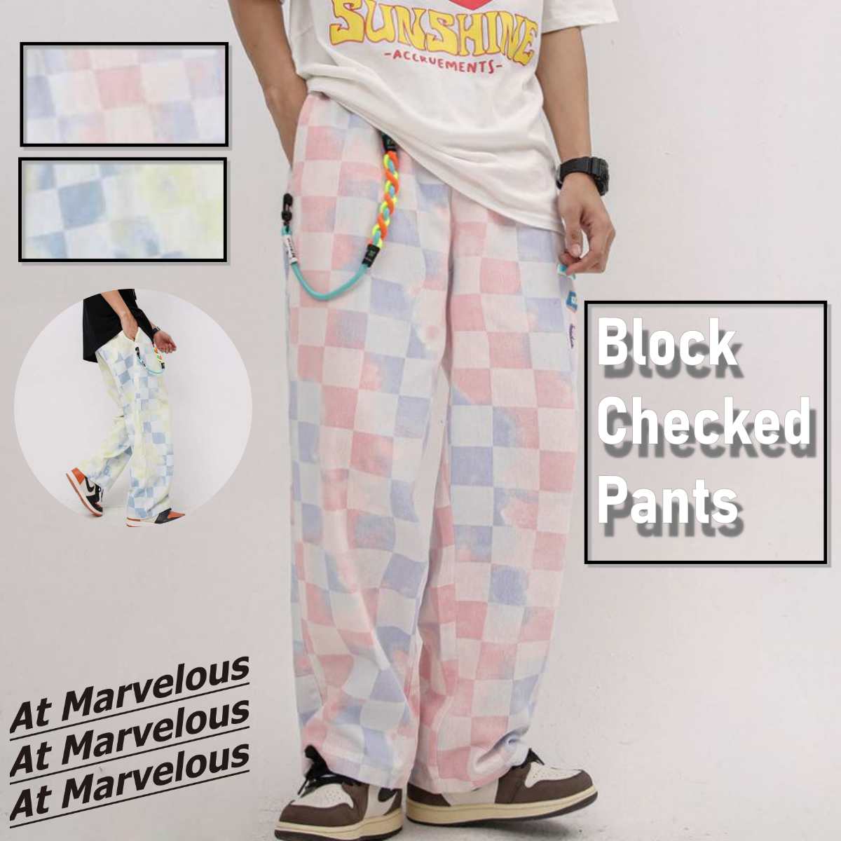 アットマーベラスカラフルブロックチェックパンツ ウォレットチェーン付き ストリート系ファッション メンズ かっこいい