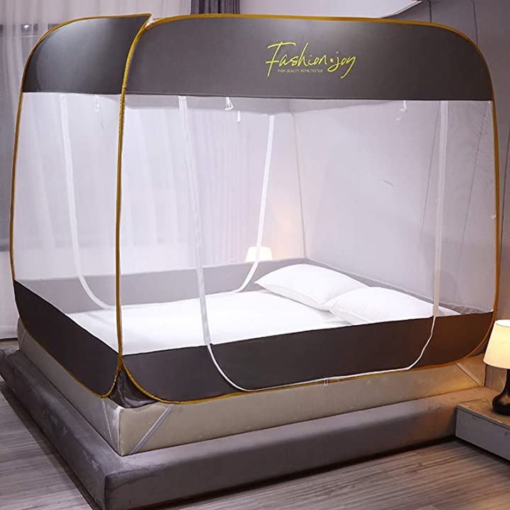 蚊帳 ワンタッチ モスキートネット 折りたたみ式 日本語説明書付き 幅180cmx奥行200cm( グレー, 幅180cmx200cm)