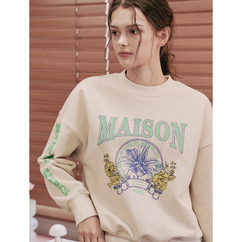 OATMEAL ARCHIVE 女性用クロップフレアトロピカルユニバーシティヘビースウェットシャツオートミール (FCD3TS713W)