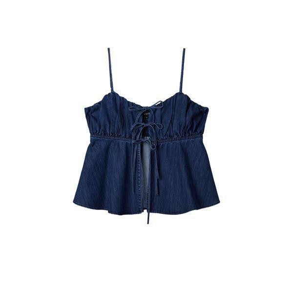 女性用ワンウォッシュ ノースリーブ リボン ブラウス ブルーブラック YP2D2257_P419864945