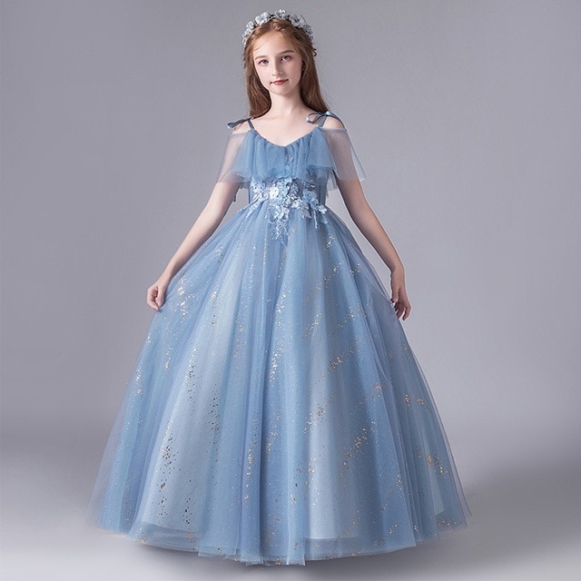 ロングドレス ブルー 子供ドレス ピアノ発表会 キャミドレス 160 女児ドレス 半袖 肩出し 演奏会ドレス ロング丈 チュール ドレス 女の子 フォーマル 入学式 卒業式 キッズドレス ホワイト 1