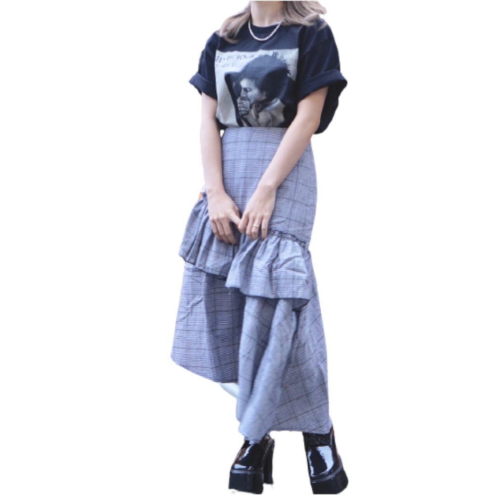 Glen-Check Tiered Long Flare Skirt A,D,G レディース ボトムス