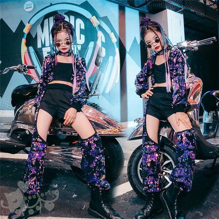 ダンス衣装 ヒップホップ 女の子 キラキラ ジャケット 黒インナー ショートパンツ へそ出し キッズ ガールズ セットアップ 派手 K-POP 韓国 ステージ衣装 応援団 練習着 体操服 発表会 hi