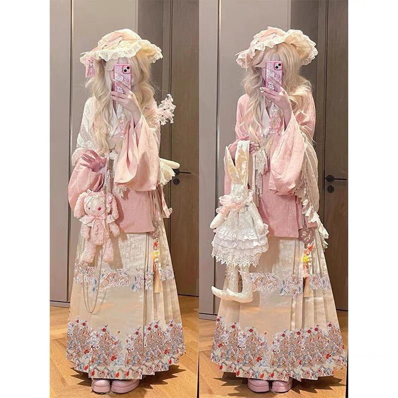 ロリータHanfu女性の冬のドレスロールプレイングクロスネックショートシャツピパスリーブとホースフェイススカート漢陽折衷秋冬