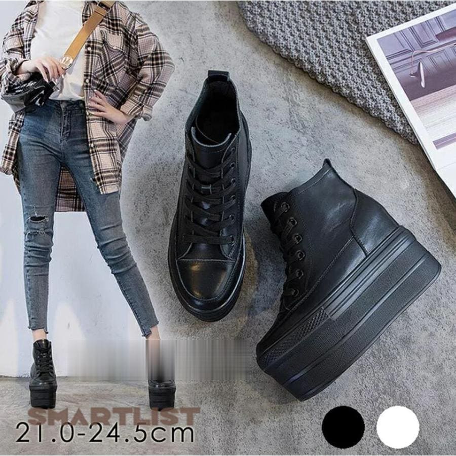 スニーカー 厚底 スニーカー　ハイカットスニーカー 厚底 フラットスニーカー ヒール12cm　インヒール スニーカー レースアップ　 レディース 靴　編