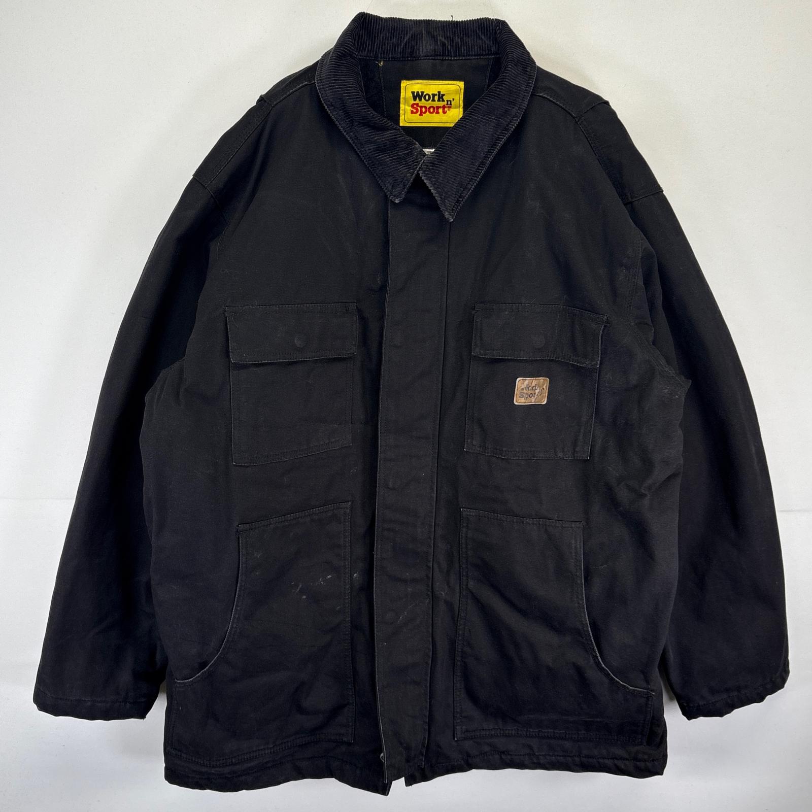 古着 Work Sport ワークジャケット ダック 大きいサイズ カバーオール フルジップ ワンポイント 中綿 2XL ブラック メンズ