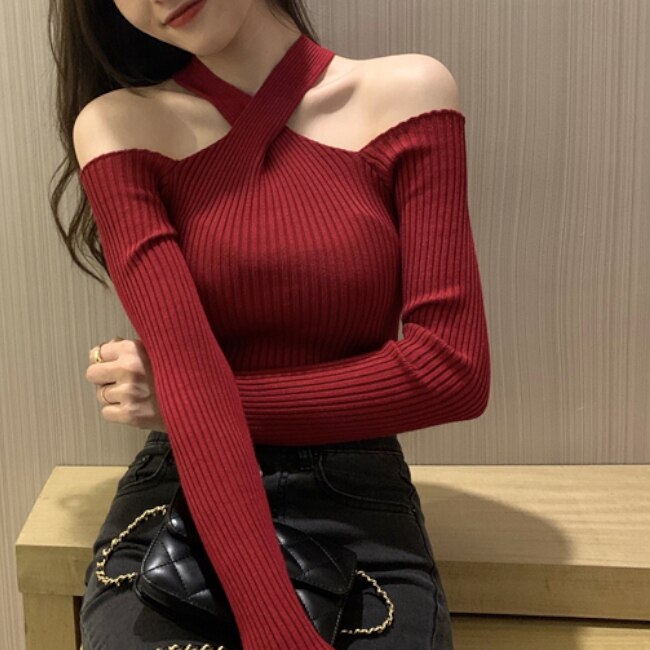 ５色 トップス ニット プルオーバー レディース 秋冬 かわいい 長袖 オフショルダー ホルターネック スリム タイト 細身 リブニット 色展開 ホワイト ブラック レッド カーキ アプリコット S