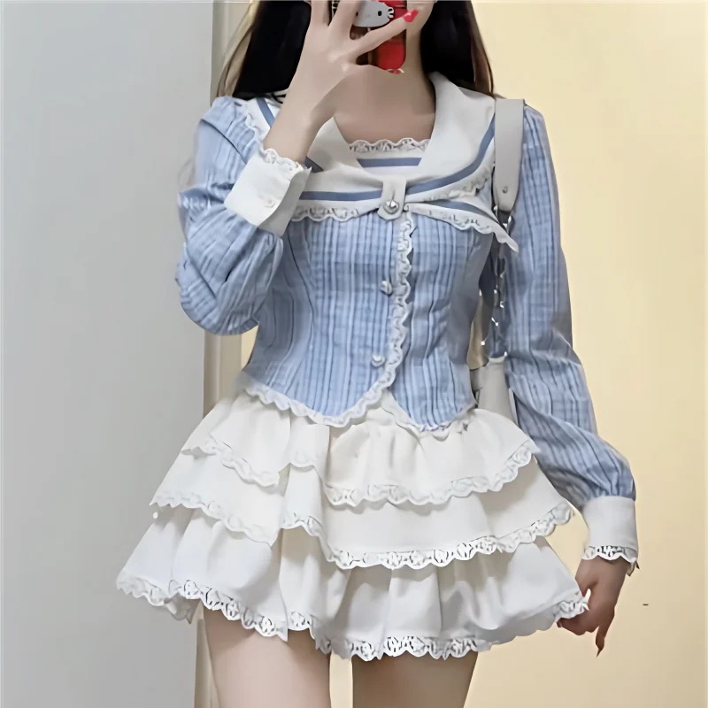 韓国ファッション 百掛け かわいい 海軍領 青 上着 やせて見える A字半身スカート