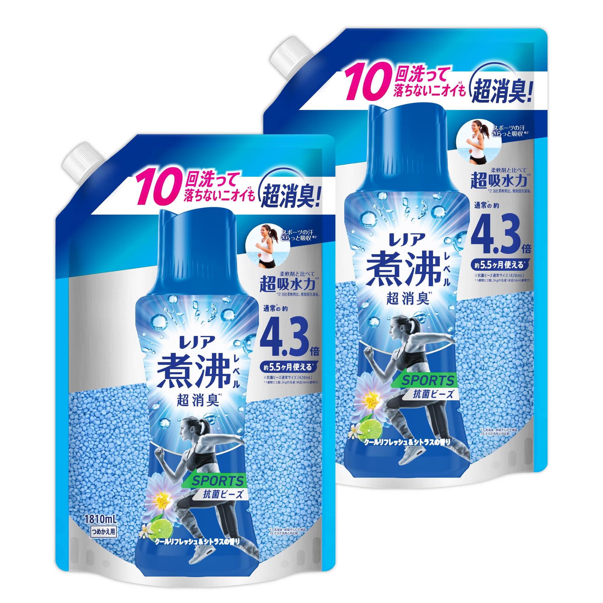 レノア Lenor 煮沸レベル超消臭 抗菌ビーズ SPORTS クールリフレッシュ&シトラス 詰め替え 1,810mL×2袋 [大容量]【まとめ買い】
