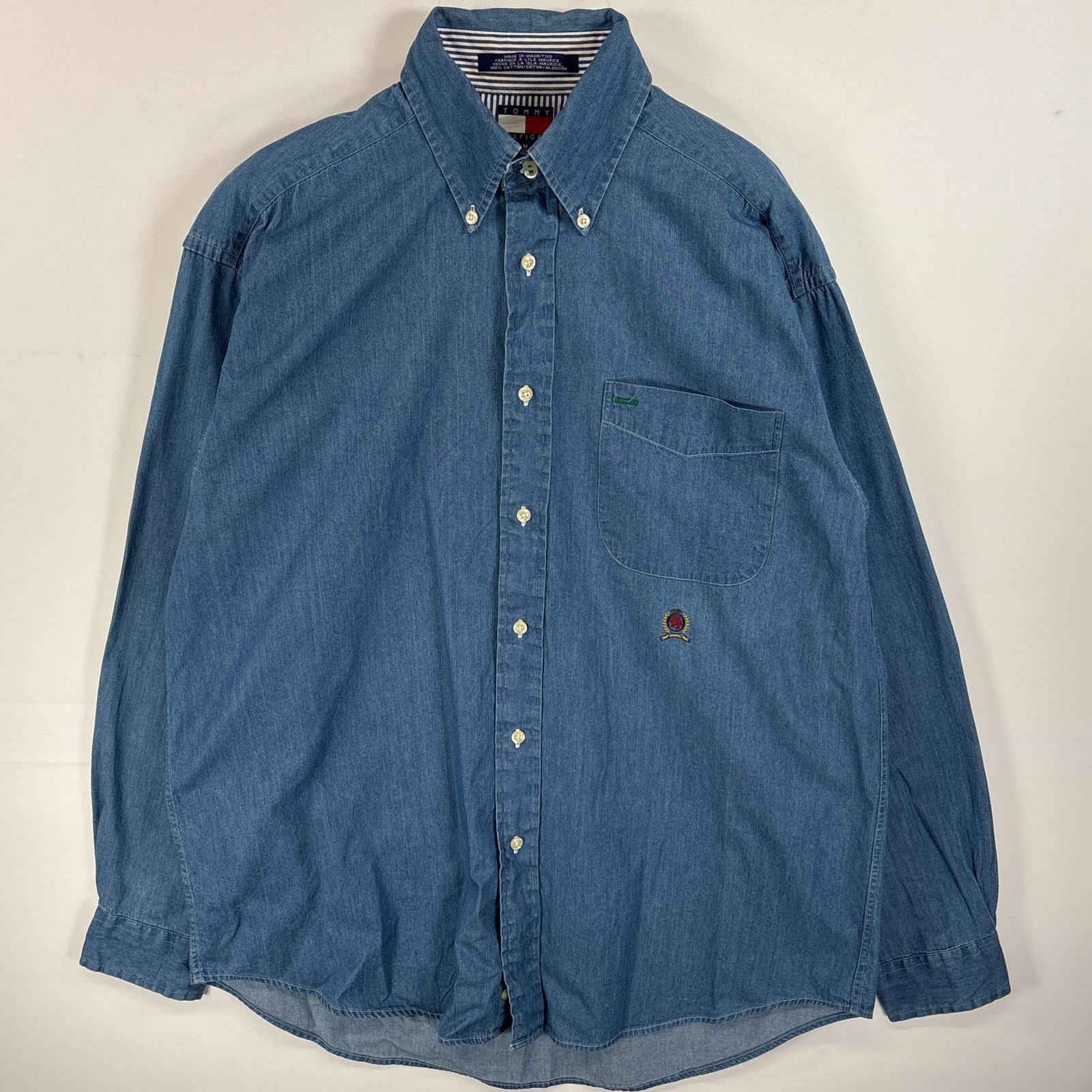 古着 90s/90年代 デニム 長袖シャツ ボタンダウンシャツ ワンポイント ロゴ 刺繍 ドゥエボットーニ M ブルー系 無地 メンズ