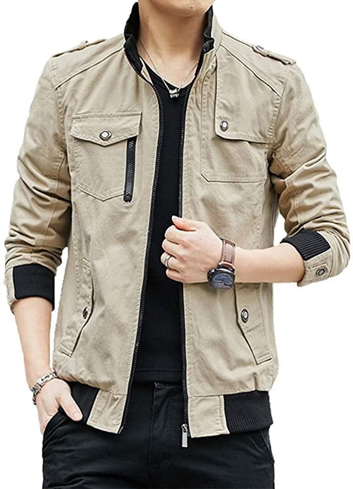 ミリタリージャケット メンズ ライダースジャケット 日本2XLサイズ相当(カーキ／薄手, 2XL)