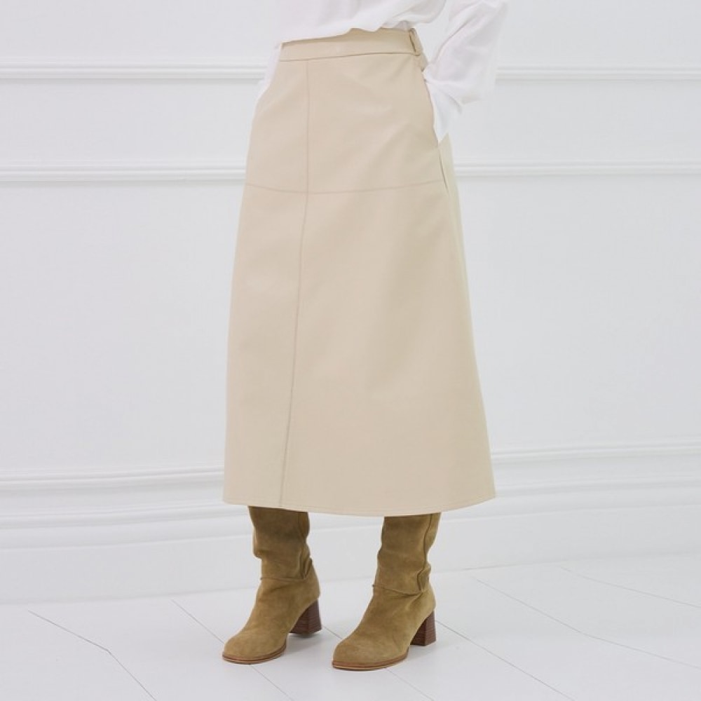 [ロアソウル] ステッチバックバンディングフレアレザースカート_KSSK250101