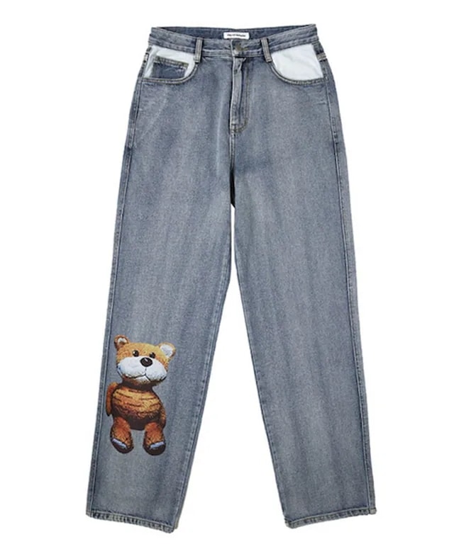 [ONEHUNNNIT] OHNT BEAR CONTRAST DENIM PANTS-LIGHT BLUE