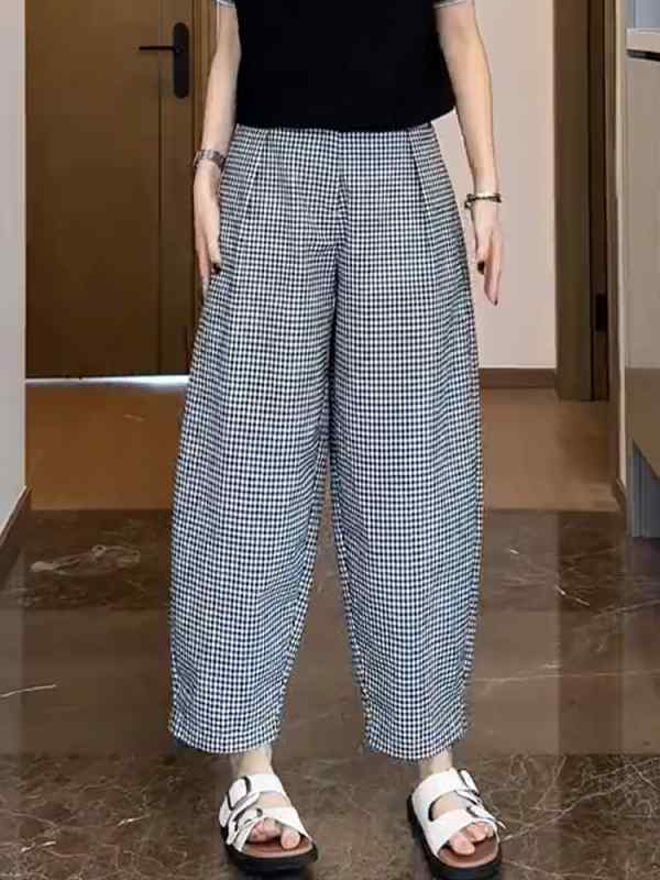 レディース ファッション オシャレ カワイイ シンプル 人カワイイ きいサイズ 模様 パンツ ハイウエスト 薄手 黒 白 チェック柄 カジュアル