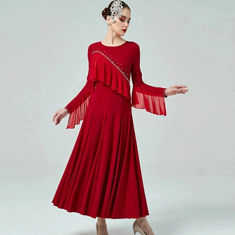 新品推奨在限り全3色 社交ダンスドレス モダンドレス ワイン赤 緑 ブルー 社交ダンス衣装 ワンピース 広がる裾 フレア フリル 可愛い ラテンドレス ワルツ専用ドレス グリーン ワインレッド レッス