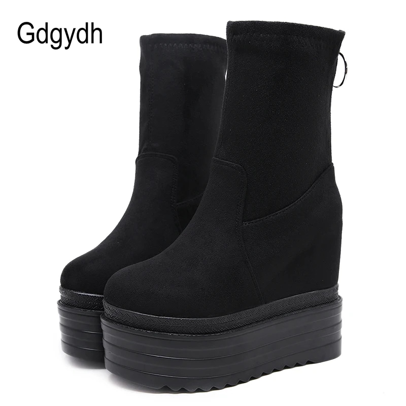 Gdgydh-女性用プラットフォームとバックジッパー付きのウェッジスエードブーツ カジュアル ブラック 5,577円