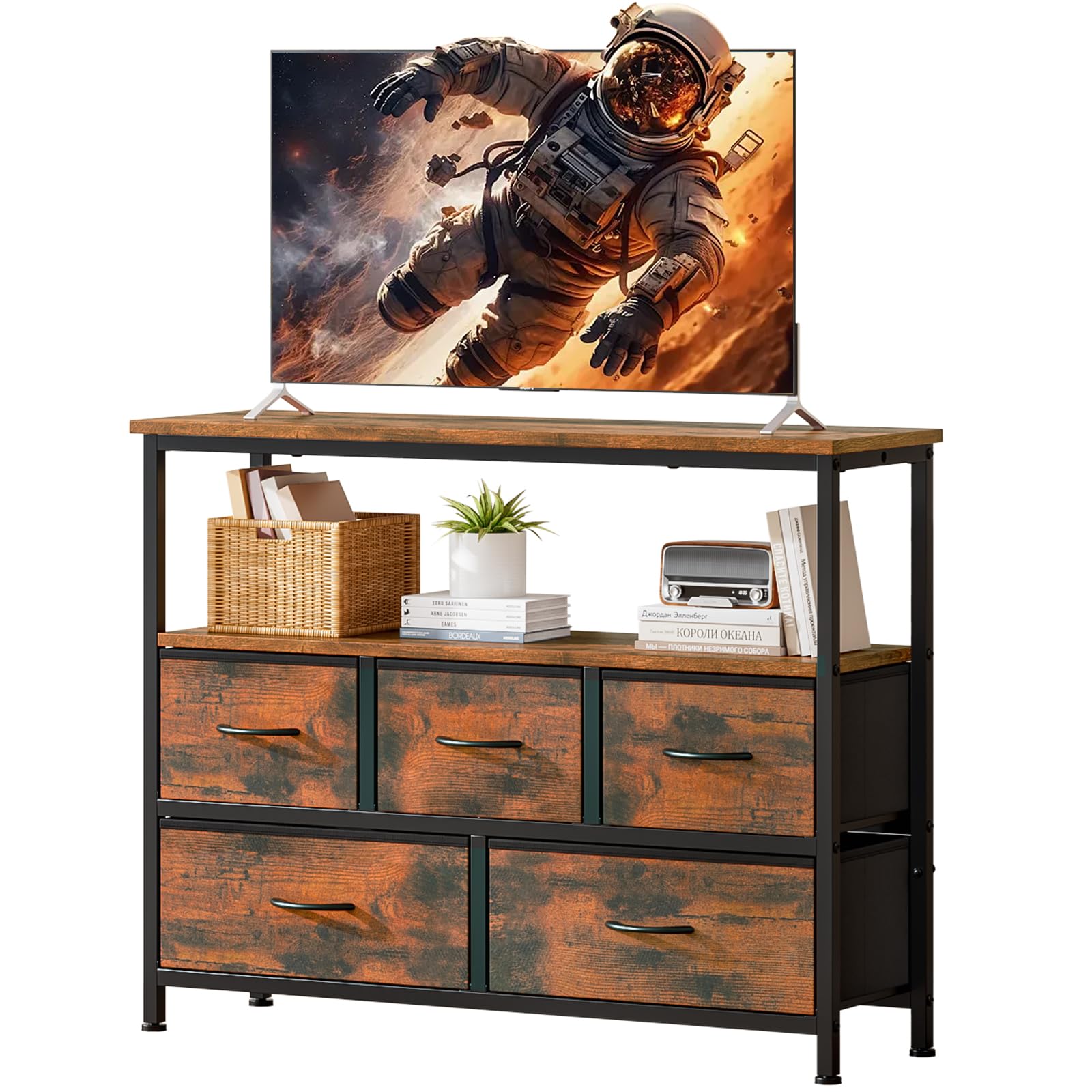 収納チェスト タンス テレビ台 キャビネット 5杯引き出し 2段棚付き 大容量収納 衣類収納 リビング 収納ケース 組立簡単 モダン おしゃれ 布製引き出し 転倒防止 幅100×奥行30×高さ80cm