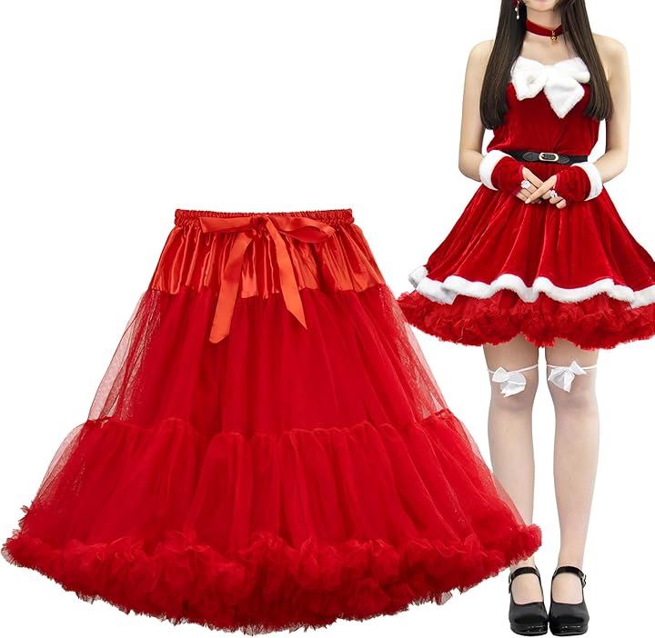 少し長めのふんわりロングパニエパニエ 55cm丈 赤 チュールスカート チュチュスカート やわらかソフトチュール ペチコート コスプレ コスチューム(レッド, Free Size)
