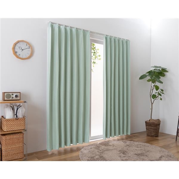 遮光カーテン 幅100cm×丈150cm 2枚 無地 ブルーグリーン 2級遮光 洗える 日本製 タッセル付き 形状記憶 防炎カーテン リビング