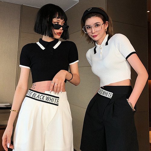 Women 美貌であなたの心を襲うポロシャツ 肌にやさしい ストリート 短いスタイル 半袖 ブルーフリーサイズ/サイズ及びカラー問わず最低数量3点から 2428