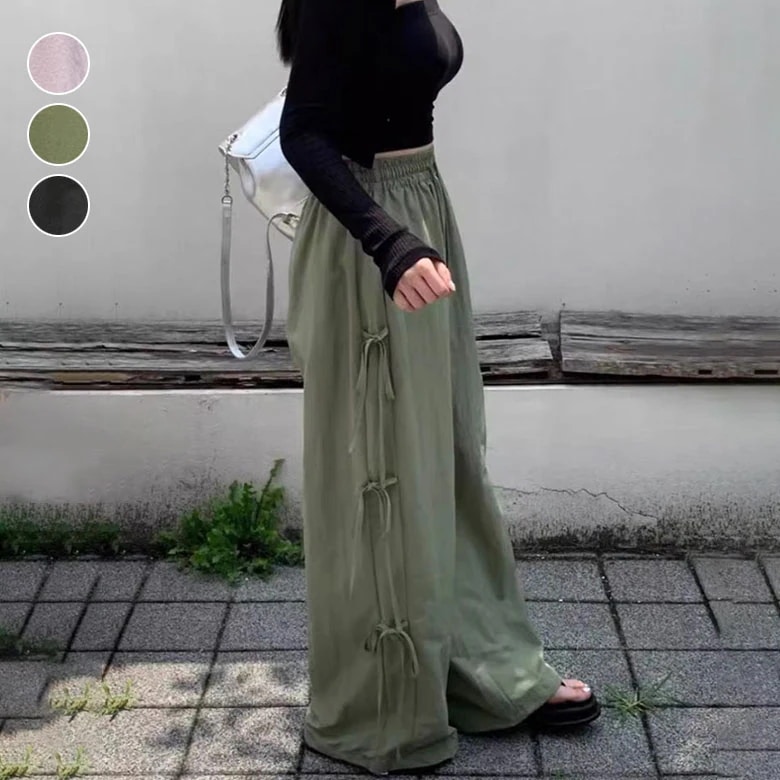 サイドリボン カジュアル パンツ ロングパンツ ハイウエスト ゆったり ストリート系