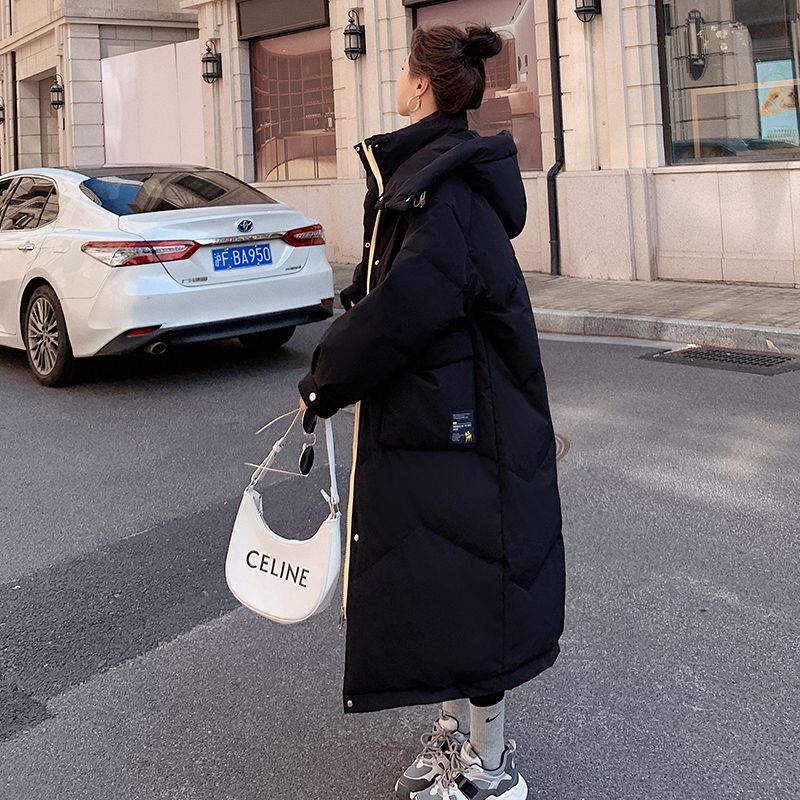黒い中長タイプの膝を越えたダウン綿服女性冬2023新型韓国版ゆるい厚手帽子カジュアル綿服
