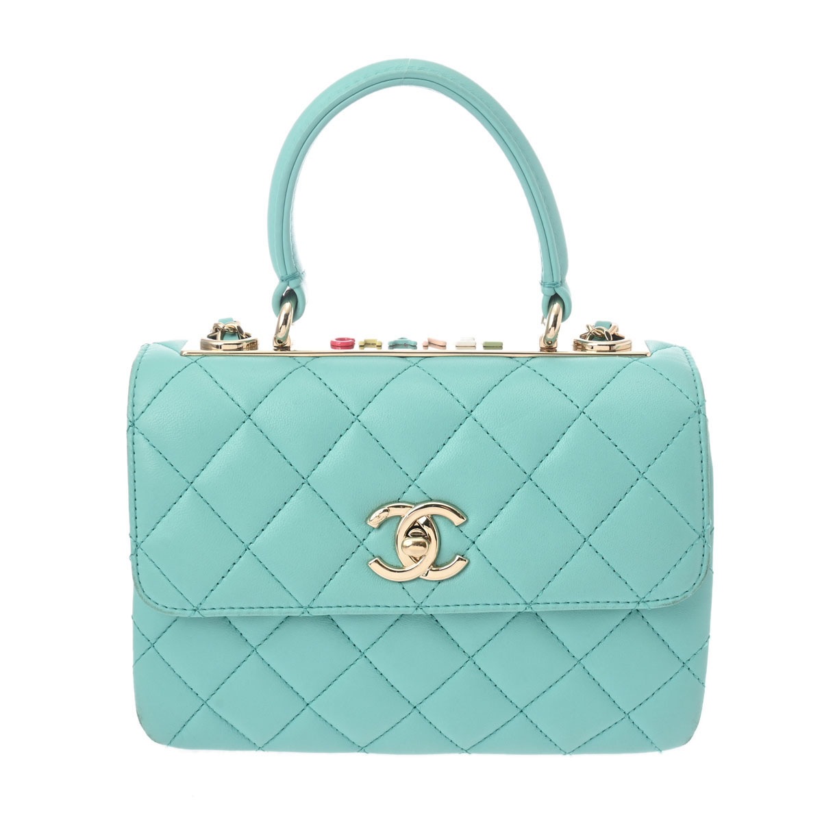 トレンディCC トップハンドル 2WAYチェーンショルダー ターコイズ AS4654 レディース ラムスキン ハンドバッグ Bランク 中古 銀蔵