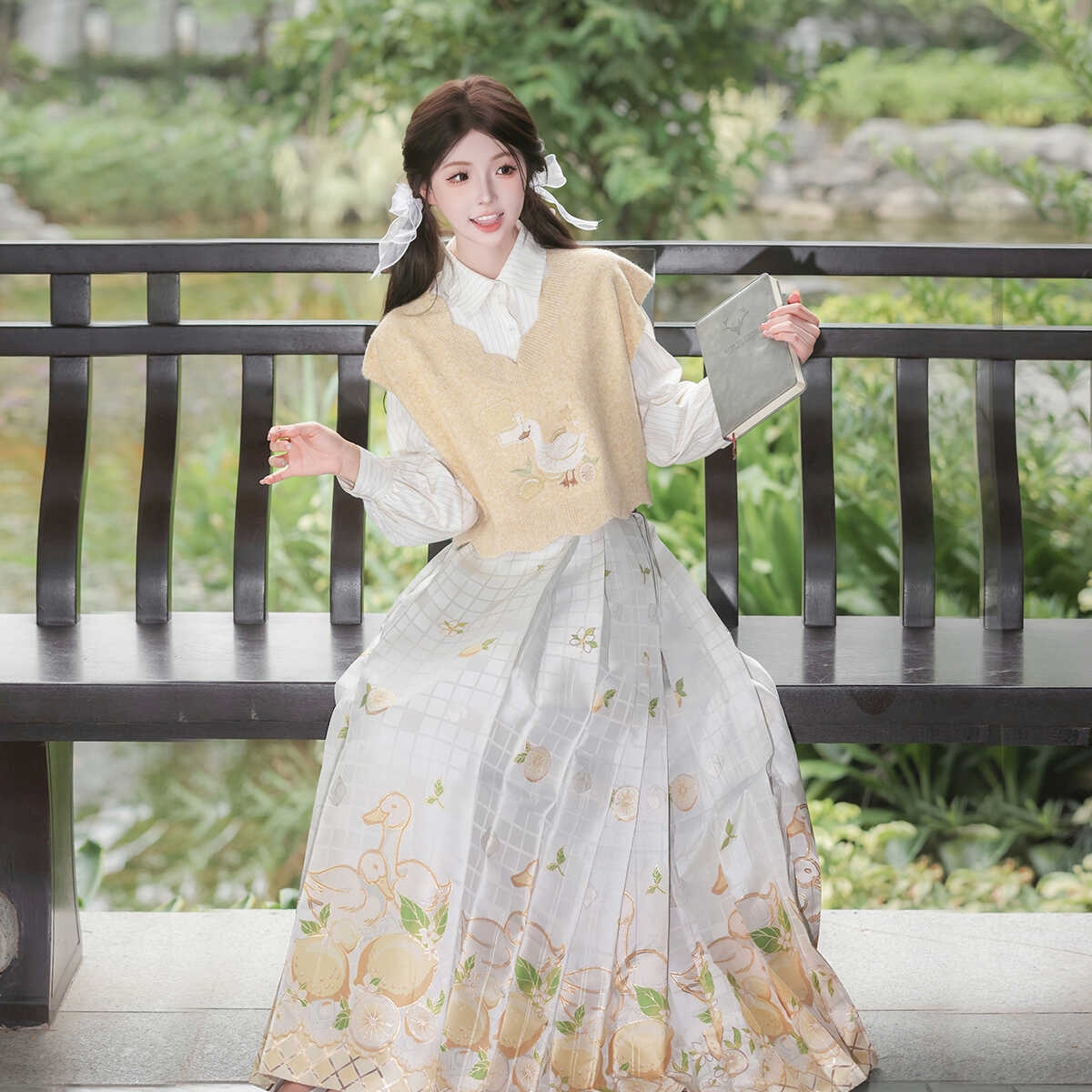 【フルセット】レモンカモアヒル新韓国シャツ馬面スカート可愛いニットチョッキセットレディース