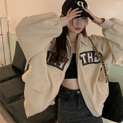 アウター ブルゾン ジャケット シャンパー コーデュロイジャケット オーバーサイズ 長袖 襟付き ファスナー ポケット 前開き カジュアル レトロ アジアン メンズライク 春 秋 冬 レディース