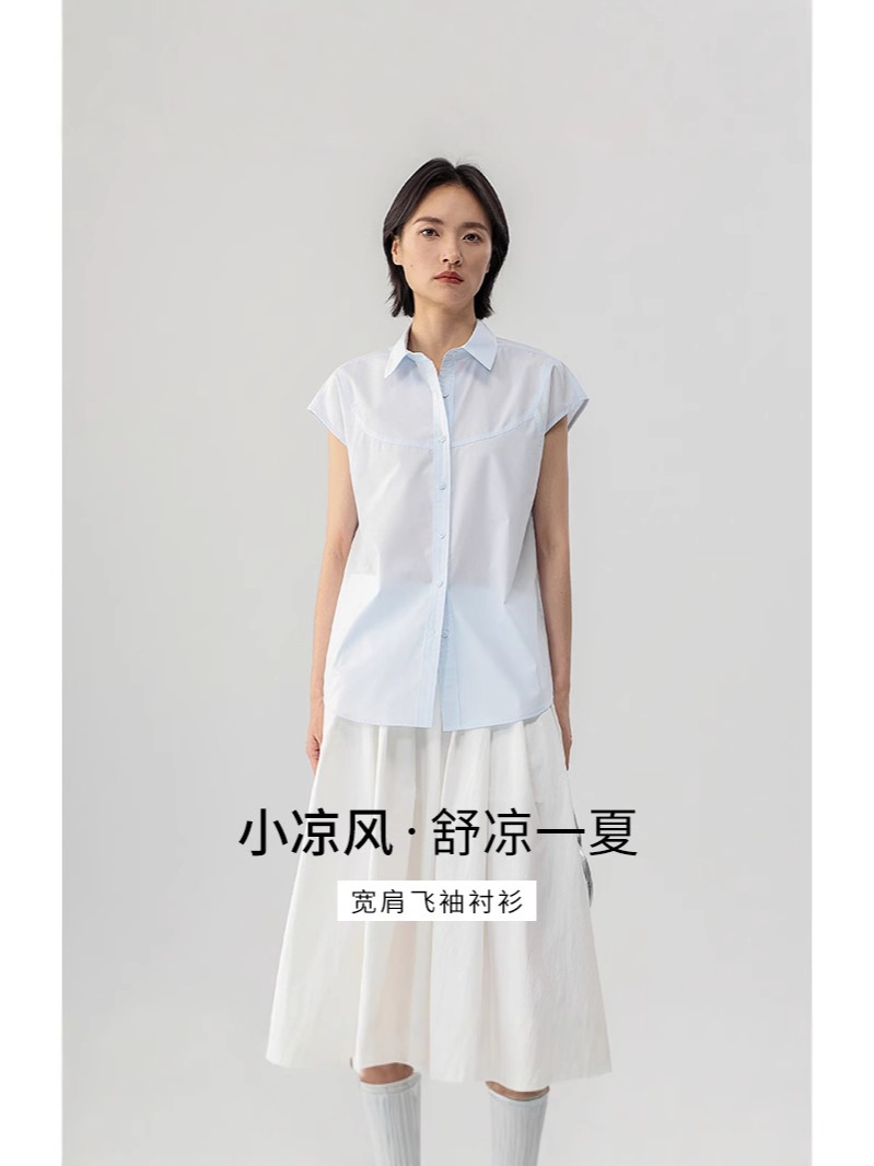 【速達!】衡嘉CF通勤ノースリーブワイドショルダーシャツ涼感なく痩せて上品な雰囲気のシャツ女