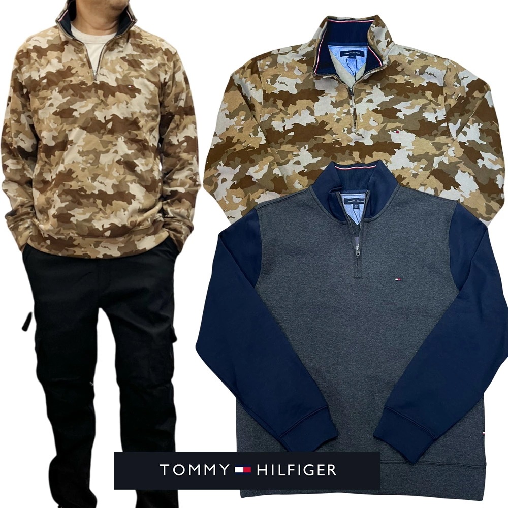 トミー TOMMY HILFIGER メンズ ハーフジップ スウェット　モックネック トレーナー　迷彩 チャコール t600