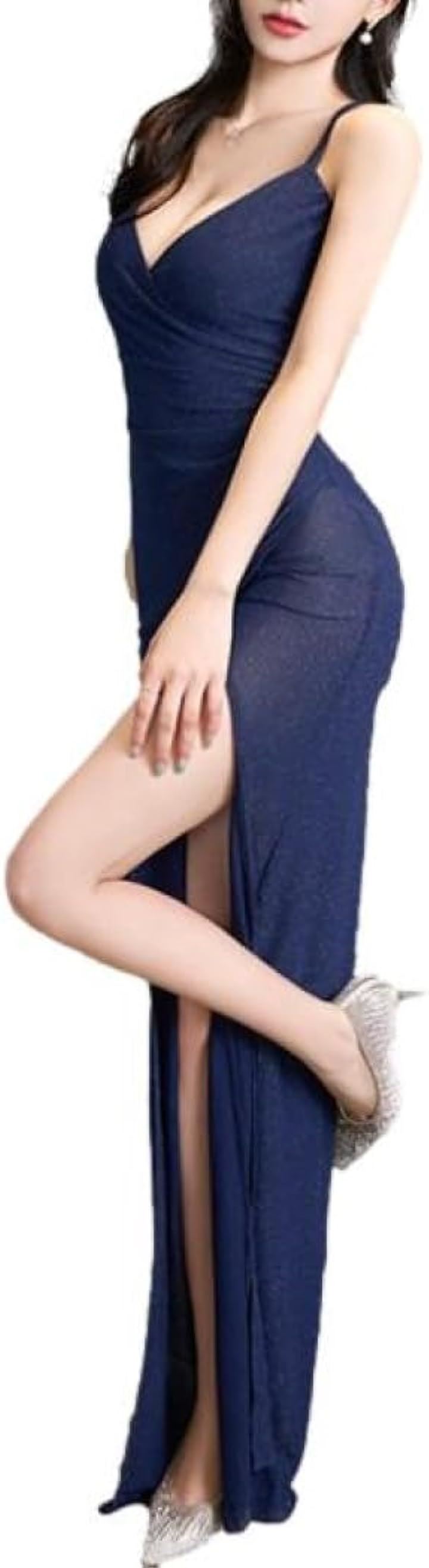 ディープ スリット ワンピース キャミソール タイト ロング イブニングドレス ノースリーブ マキシ レディース EC7( ネイビー, S)