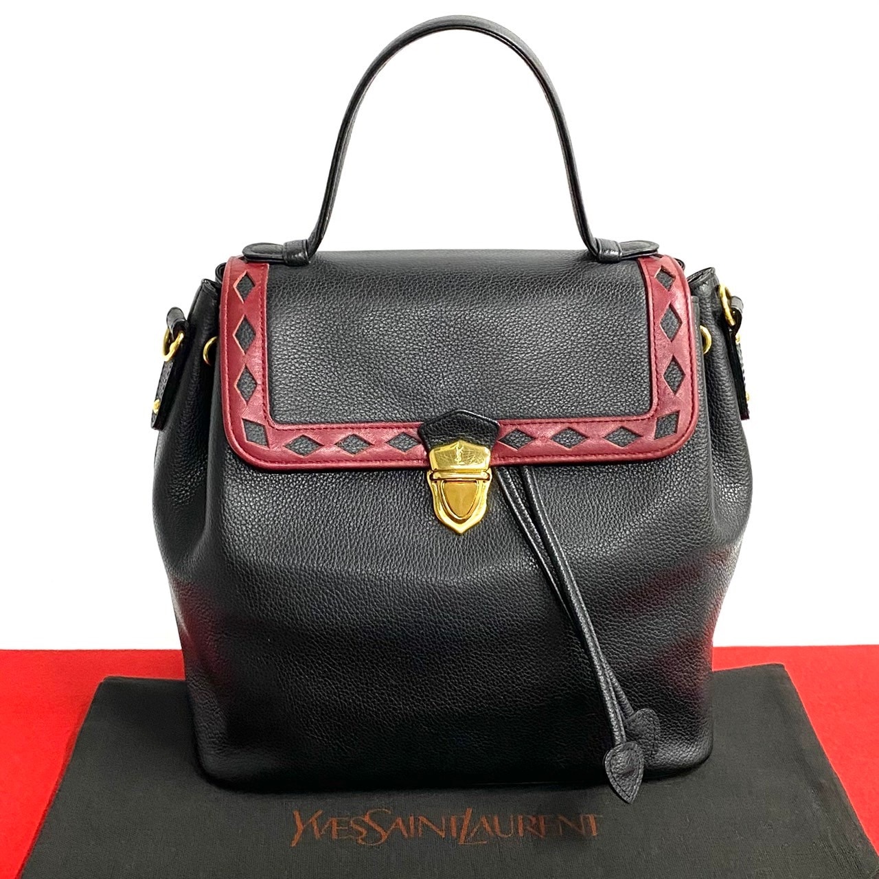 ヴィンテージ YSL ロゴ 金具ハンドバッグ レザー ブラック 35370