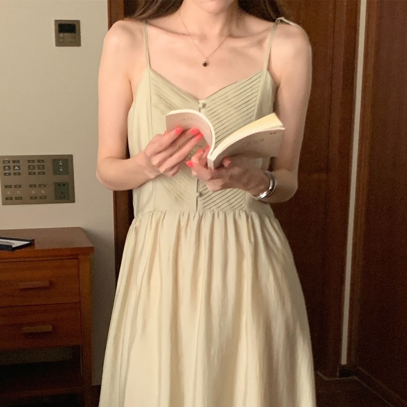 キャミワンピース年新作夏フレンチレトロヘビーデューティプリーツストライプデザインサスペンダーボトムホリデードレスのリアルショットフラワーノースリーブ