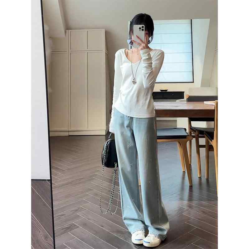 デニム パンツ ボトムス レディース 刺繍 ジーンズ 春秋 ハイウエスト ドレープ ストレート ワイドパンツ 青