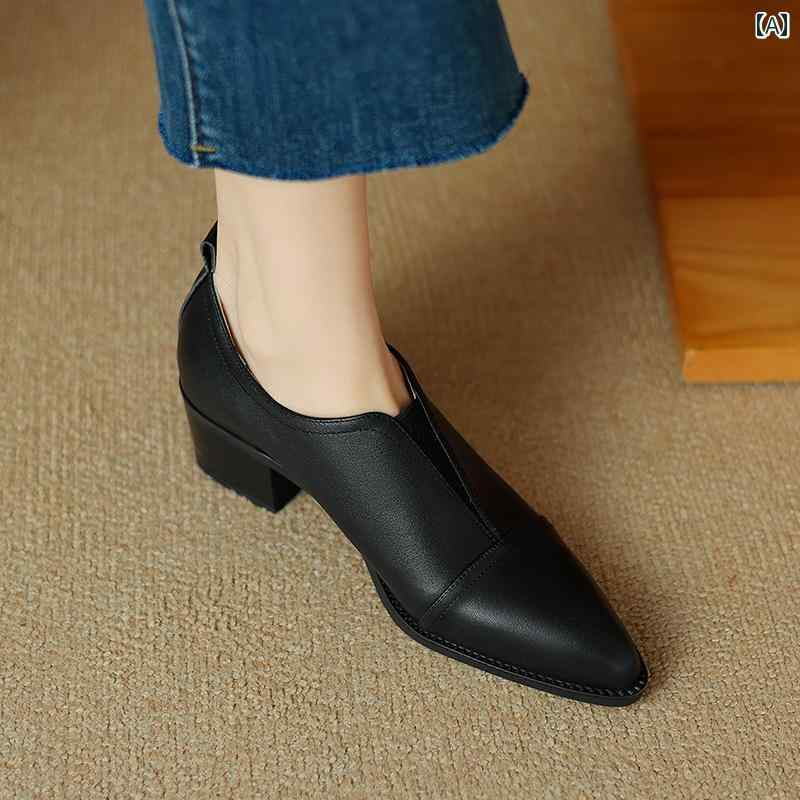 ローファー レディース 通勤 オフィス 仕事 フレンチ レトロ ポインテッドトゥ 太 ヒール 深口 シングル シューズ 春 英国 スタイル スリム ミディアム ヒール レザー スモール レザーシューズ