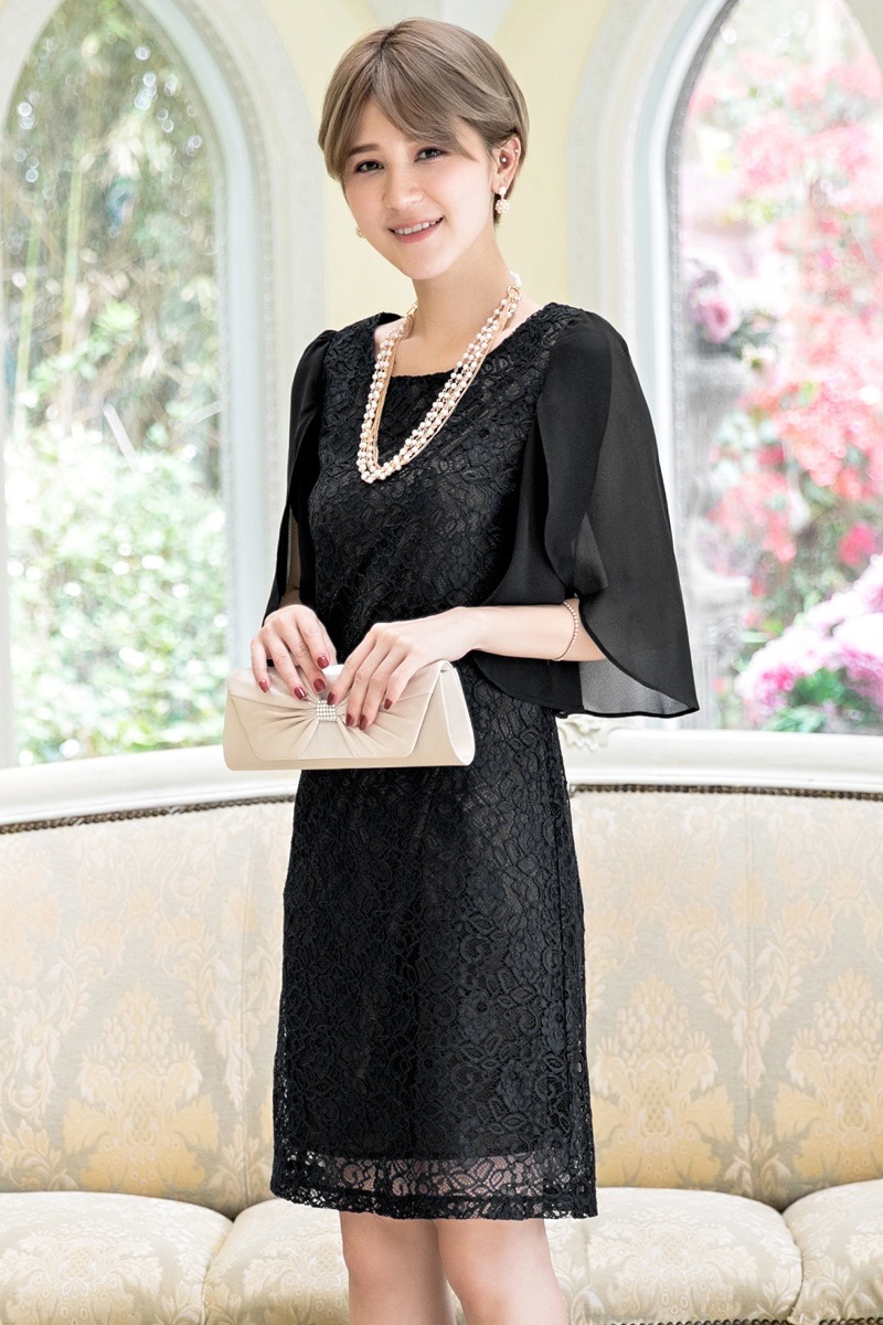 1728. シフォン袖レースドレス（ブラック）2019 春夏 sale 結婚式 パーティー 発表会 二次会 謝恩会 女子会 入学式 同窓会