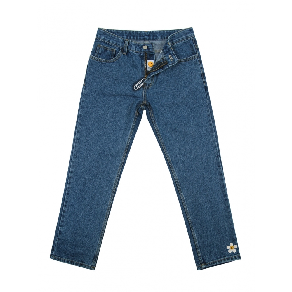 GRAVERフラワースマイル刺繍スリムテーパードデニムパンツブルー