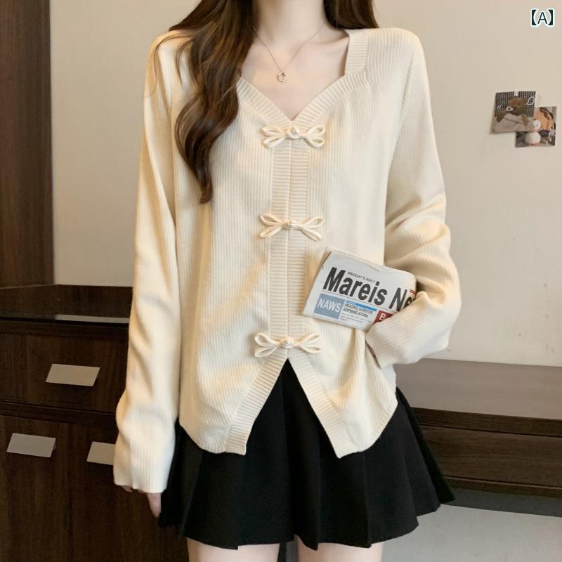 春 シーズン 女性 大きサイズ チャイナ風 ディスク ボタン Vネック セーター 太 ルーズ スリム スタイル スリット 黒 セーター