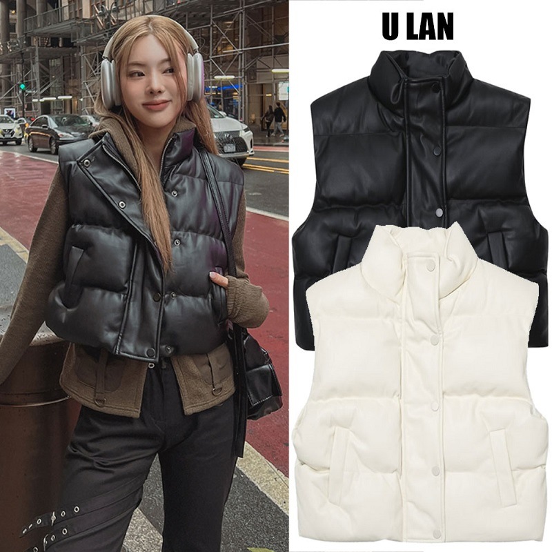 U LAN Schiff Crop Leather Vest Puffer ダウン胴衣 韓国人気