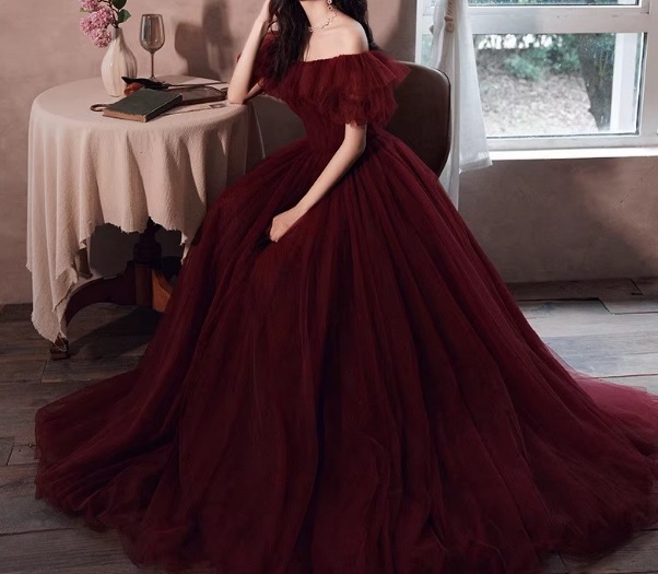 カラードレス ワインレッド オフショルダー チュールスカート Aライン 編み上げ 音楽会/発表会 27,743円