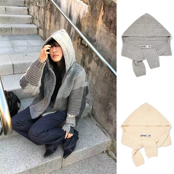 CONVERTIBLE CABLE KNIT HOODED SCARF GRAY IVORY 【並行輸入品】